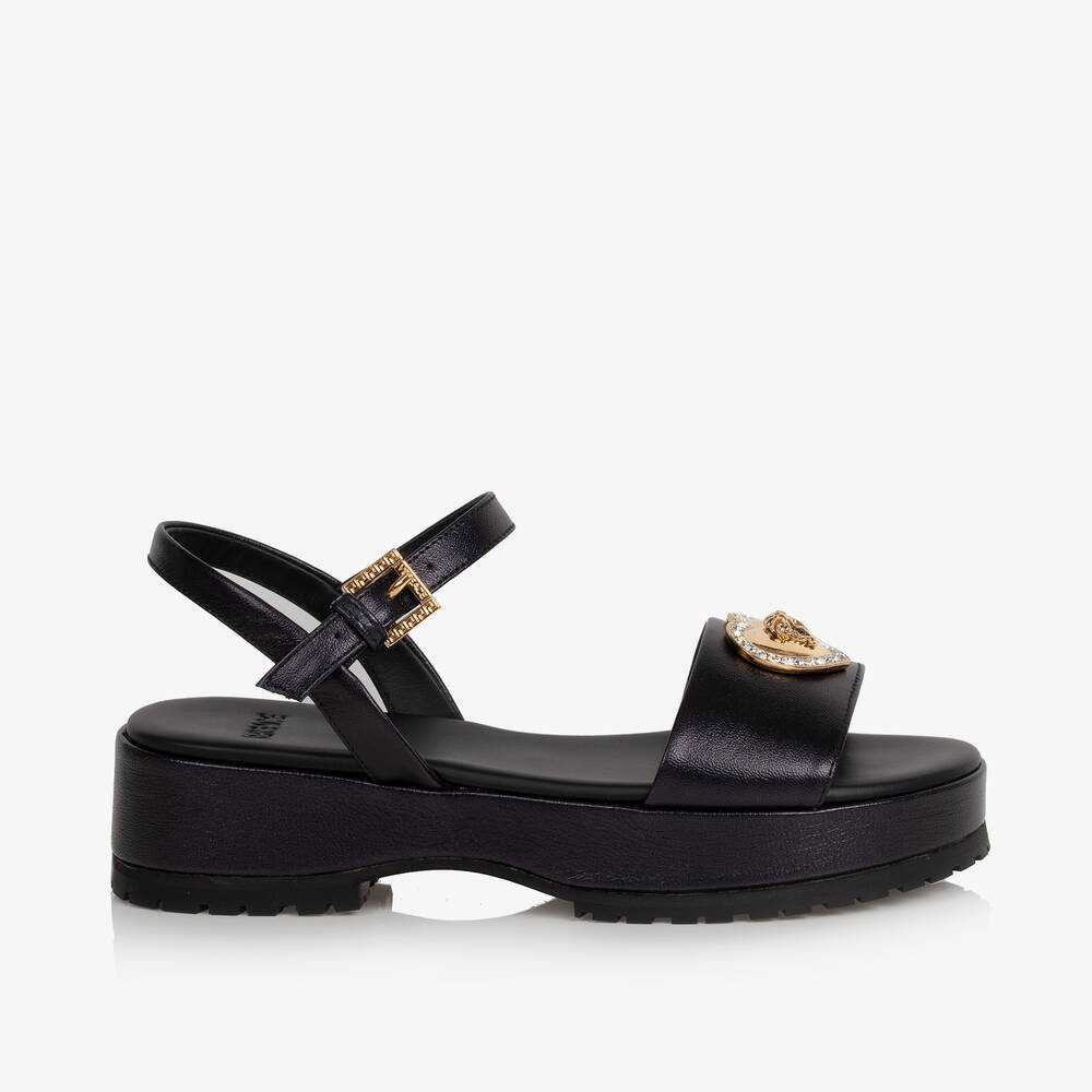Versace-Girls Black Leather Medusa Platform Sandals | Childrensalon Outlet