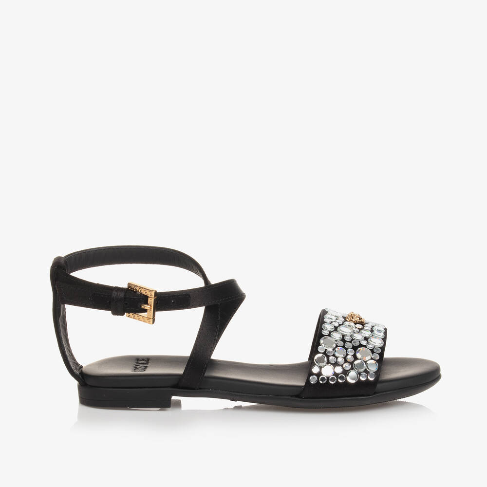 Versace-صندل فيسكوز ساتان وجلد لون أسود للبنات | Childrensalon Outlet