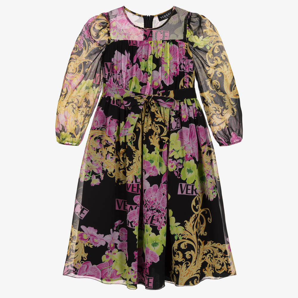 Versace - Girls Black Medusa Orchid Silk Dress  | Childrensalon