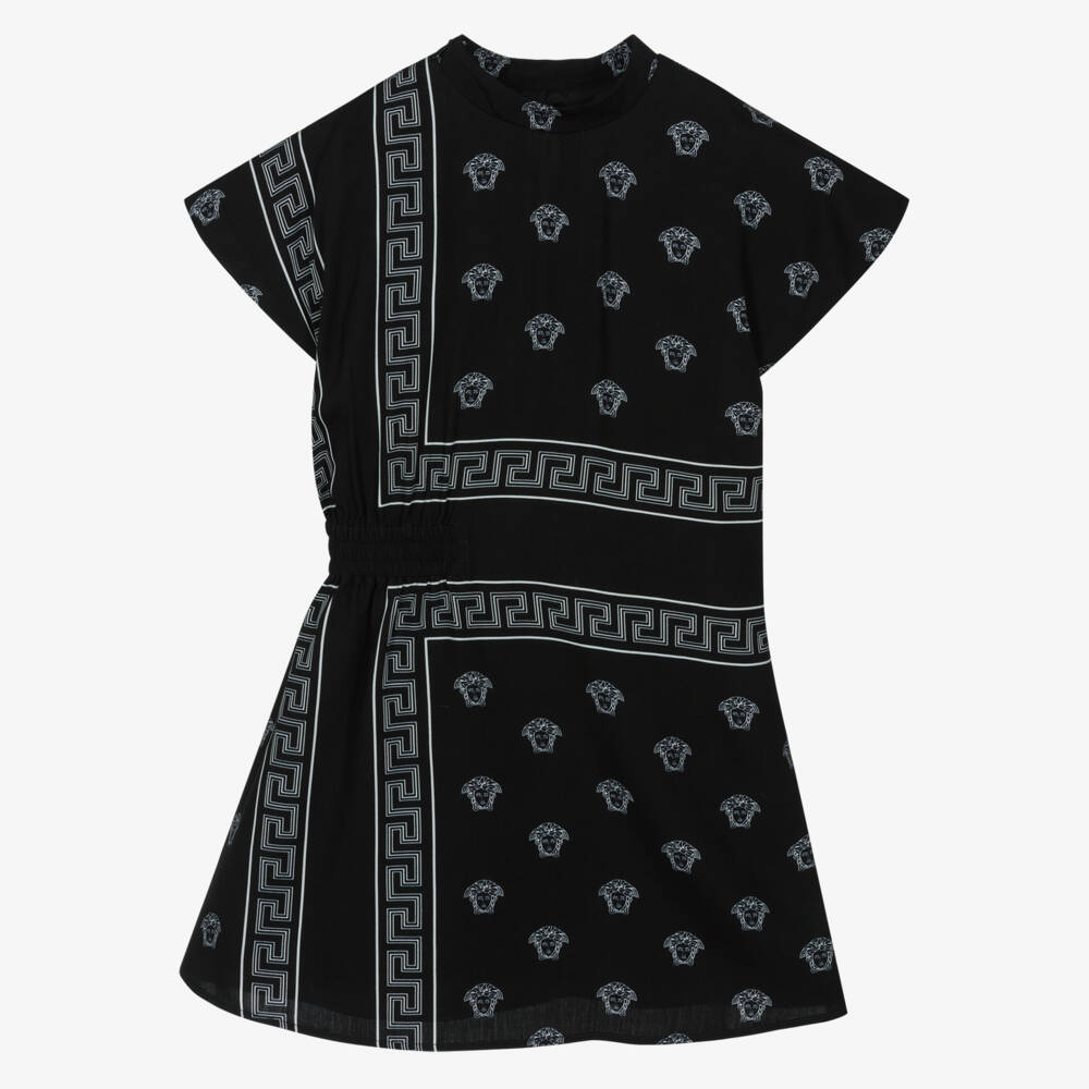 Versace-فستان باندانا أسود بطبعة ميدوسا للبنات | Childrensalon Outlet