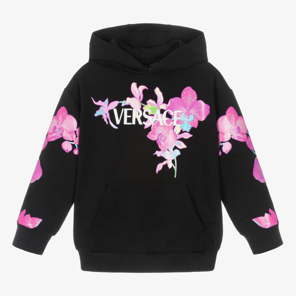 Versace - Sweat à capuche noir orchidée fille  | Childrensalon