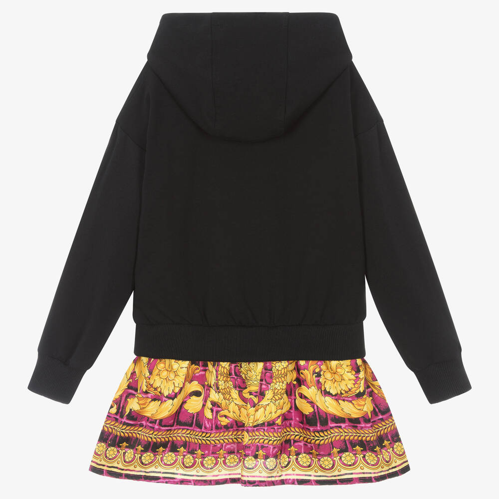 Versace-فستان بطبعة باروك قطن لون أسود وذهبي وزهري | Childrensalon Outlet