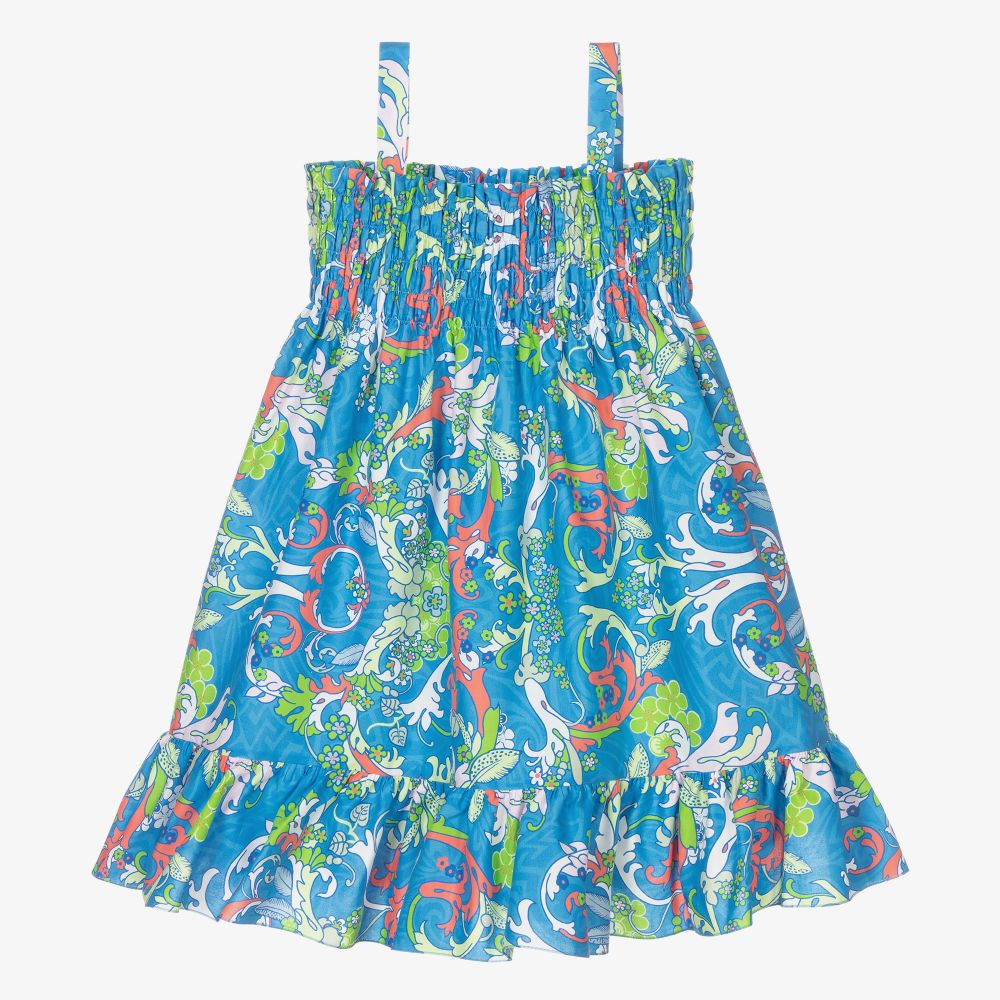 Versace-Голубое платье с принтом Baroccofest для девочек | Childrensalon Outlet