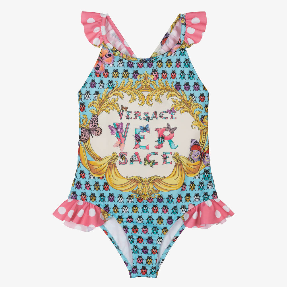 Versace - Girls Blue Baroque Ladybird Swimsuit | Childrensalon