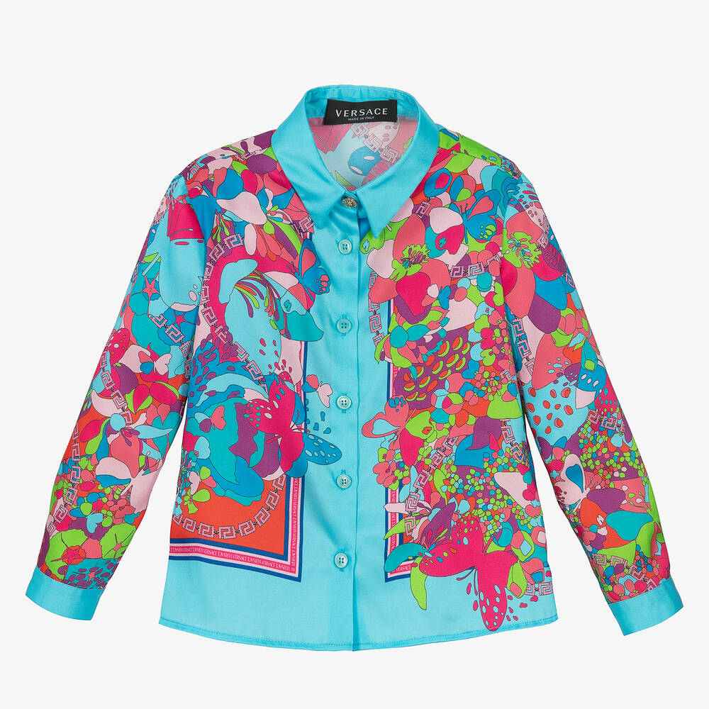 Versace - Blaue geblümte Bluse mit Grecamotiv | Childrensalon