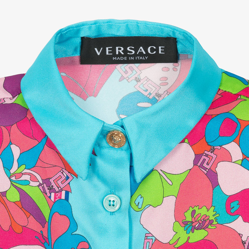 Versace - Girls Blue Floral Greca Blouse | Childrensalon Outlet