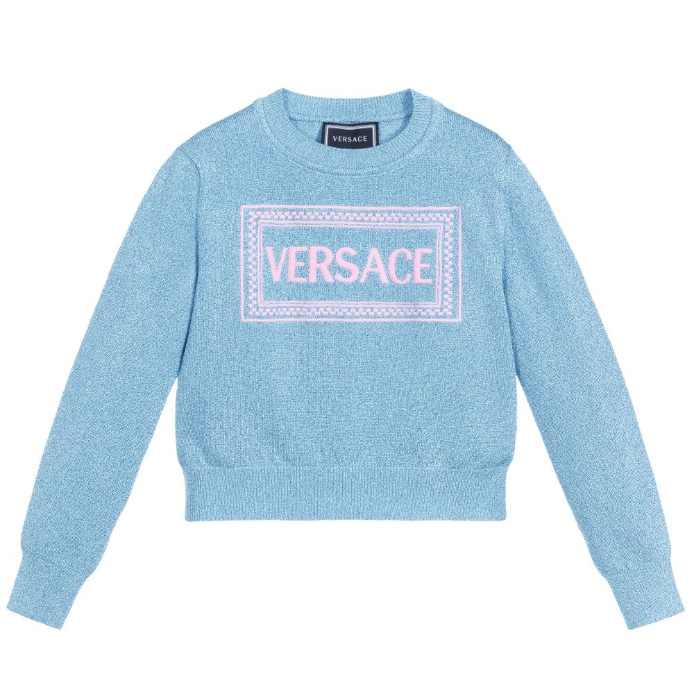 Versace - كنزة جيرسي لون أزرق برّاق للبنات  | Childrensalon
