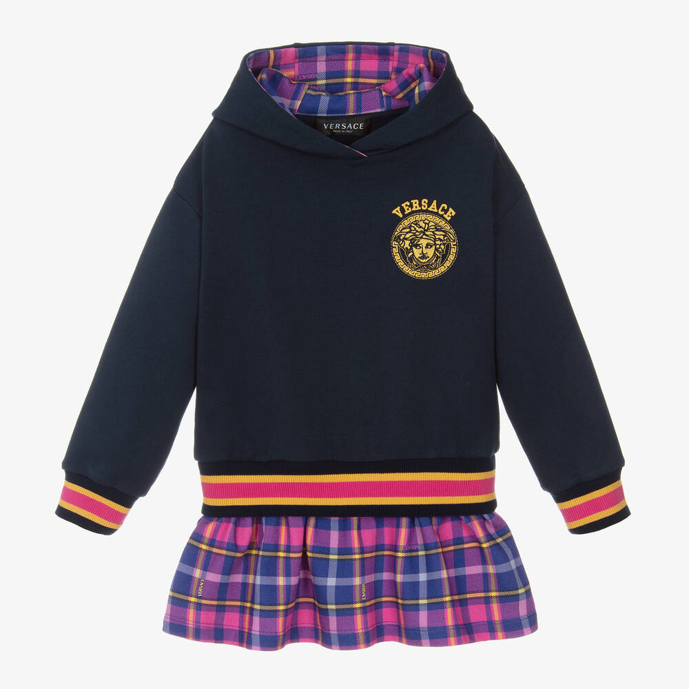 Versace - Girls Blue & Purple Cotton Tartan Dress | Childrensalon