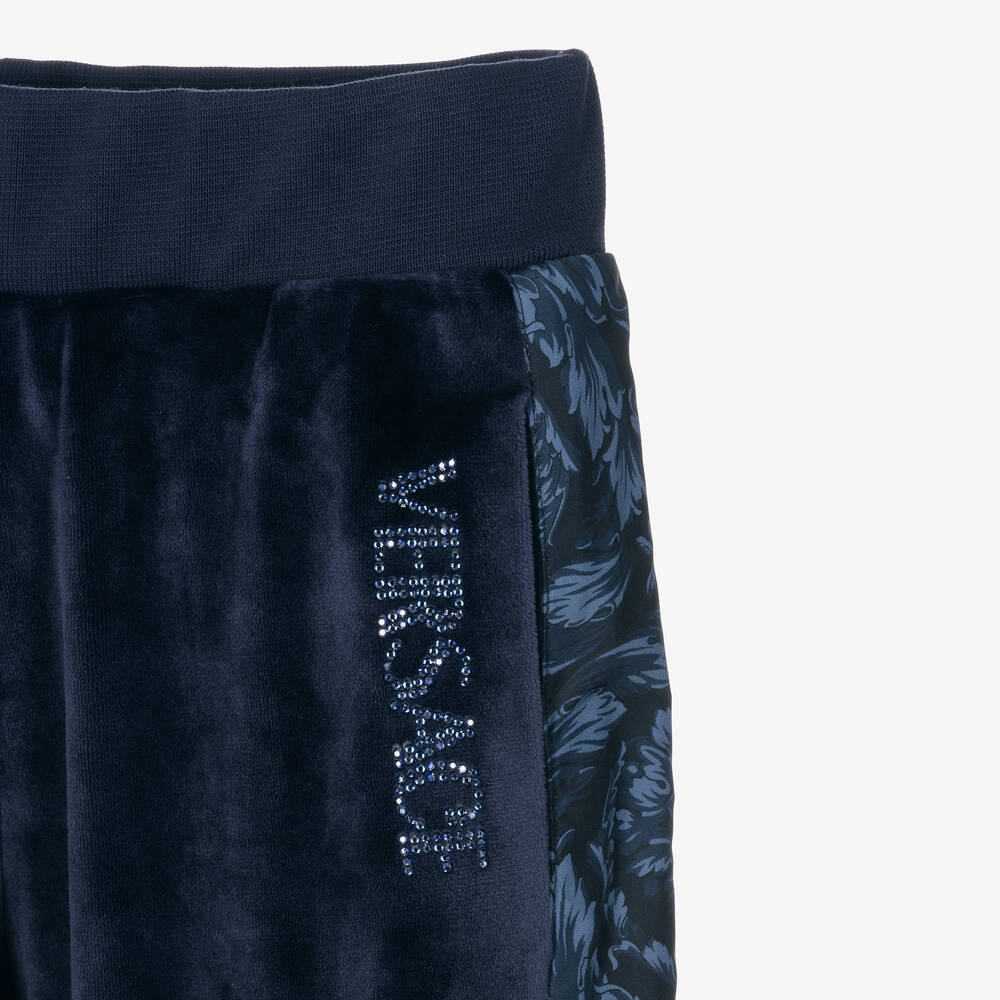 Versace-Girls Blue Velour Barocco Stripe Joggers | Childrensalon Outlet
