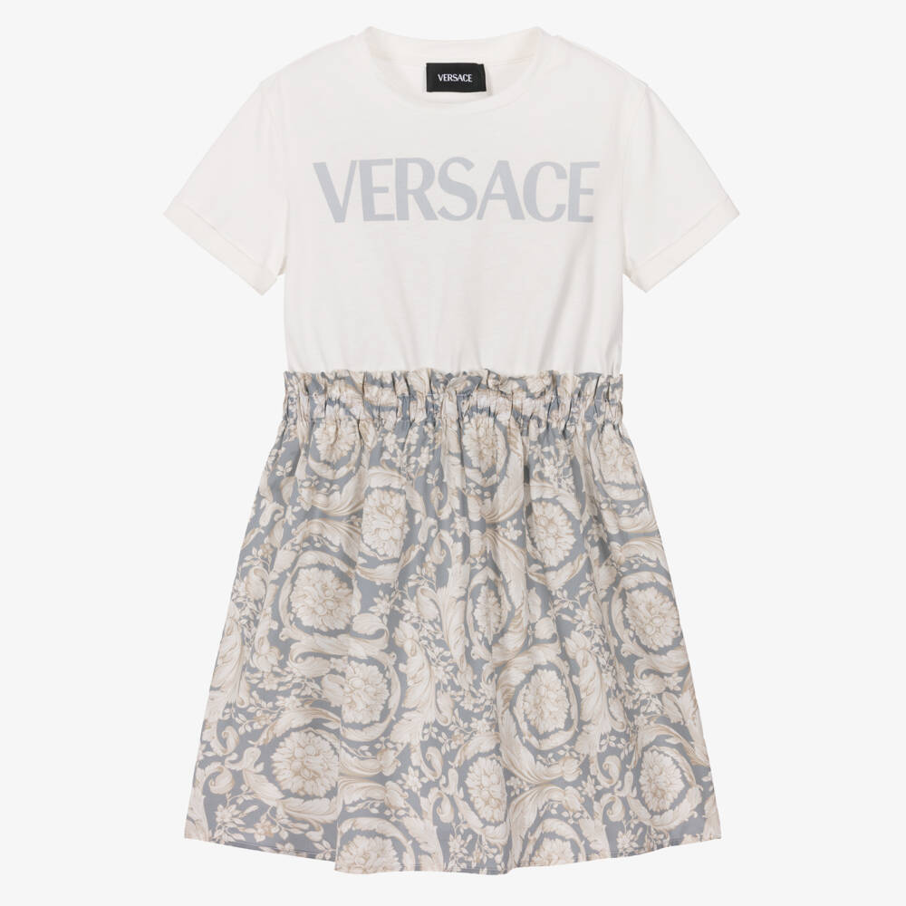 Versace-Girls Cotton Dress with Grey & Beige Barocco Print | Childrensalon Outlet