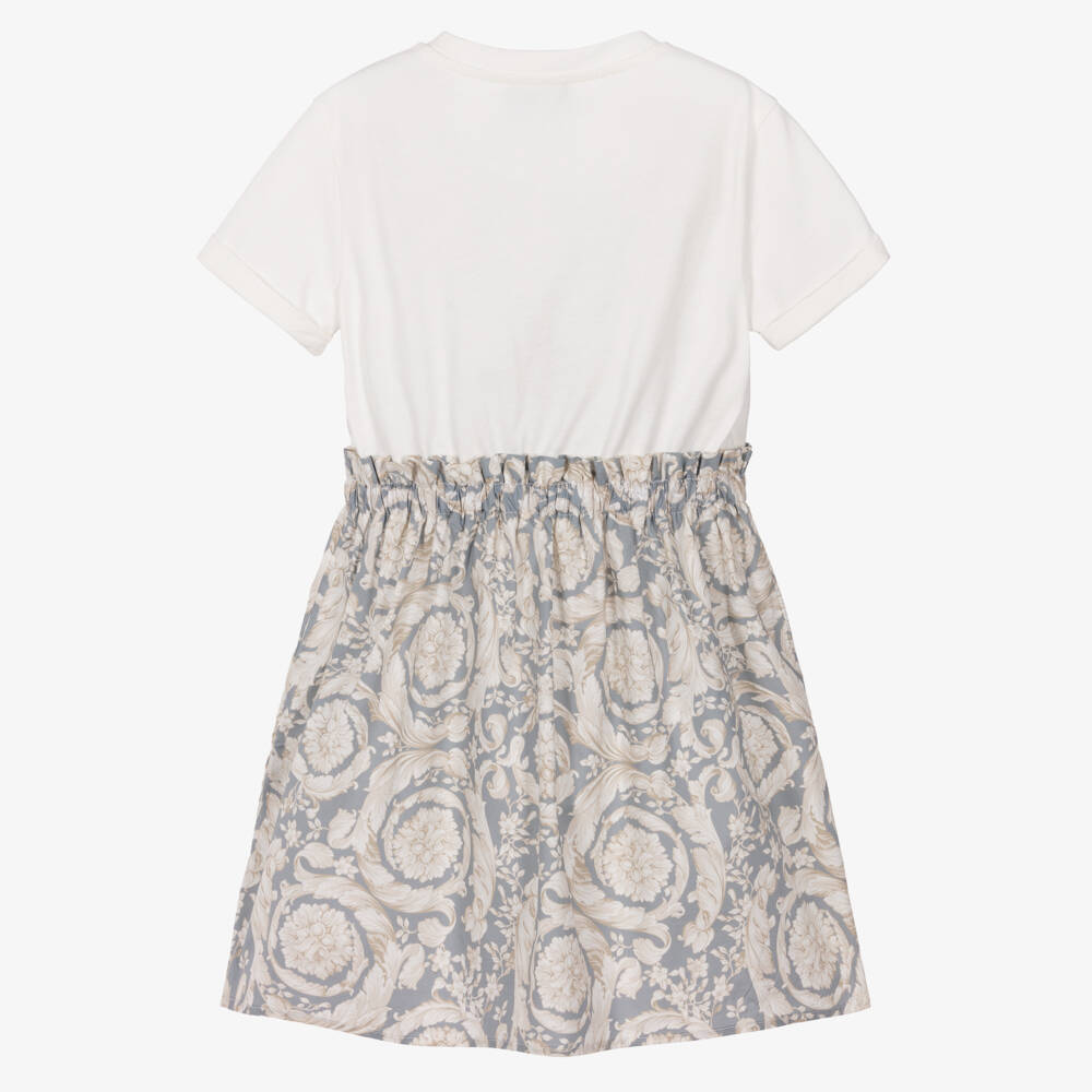 Versace-Girls Cotton Dress with Grey & Beige Barocco Print | Childrensalon Outlet