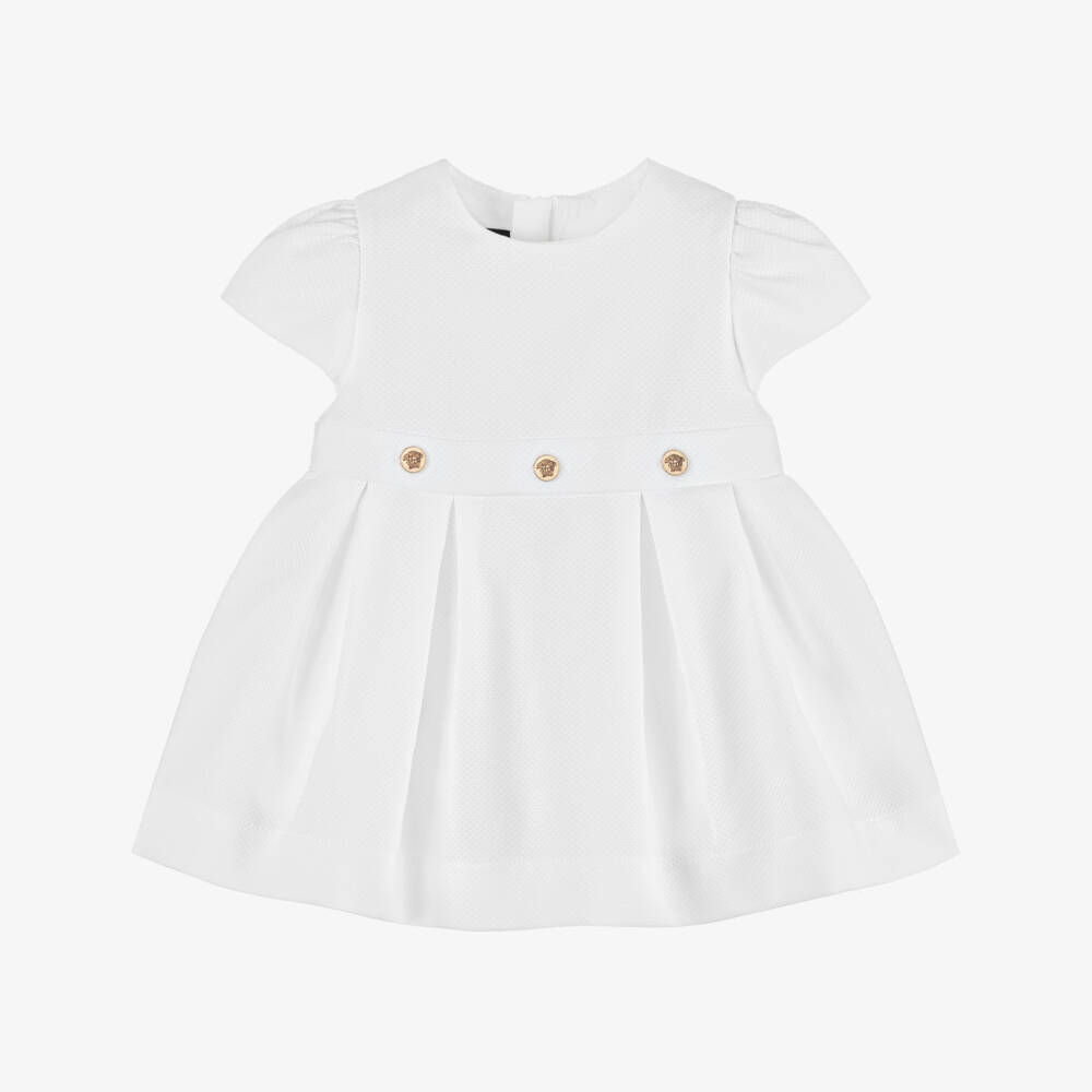 Versace-فستان أبيض أنيق بنقشة وافل للبنات | Childrensalon Outlet