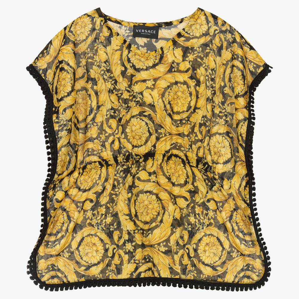 Versace - قفطان قطن وحرير لون ذهبي بنقشة باروك للبنات | Childrensalon