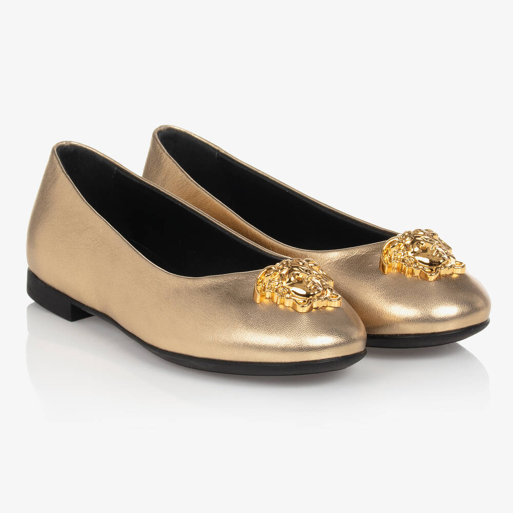 Versace - Girls Gold Leather Ballerina Pumps | Childrensalon