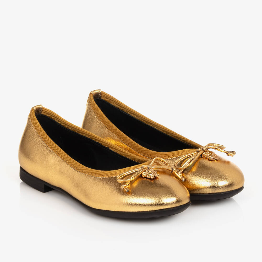 Versace-Girls Gold Medusa Leather Ballerinas | Childrensalon Outlet