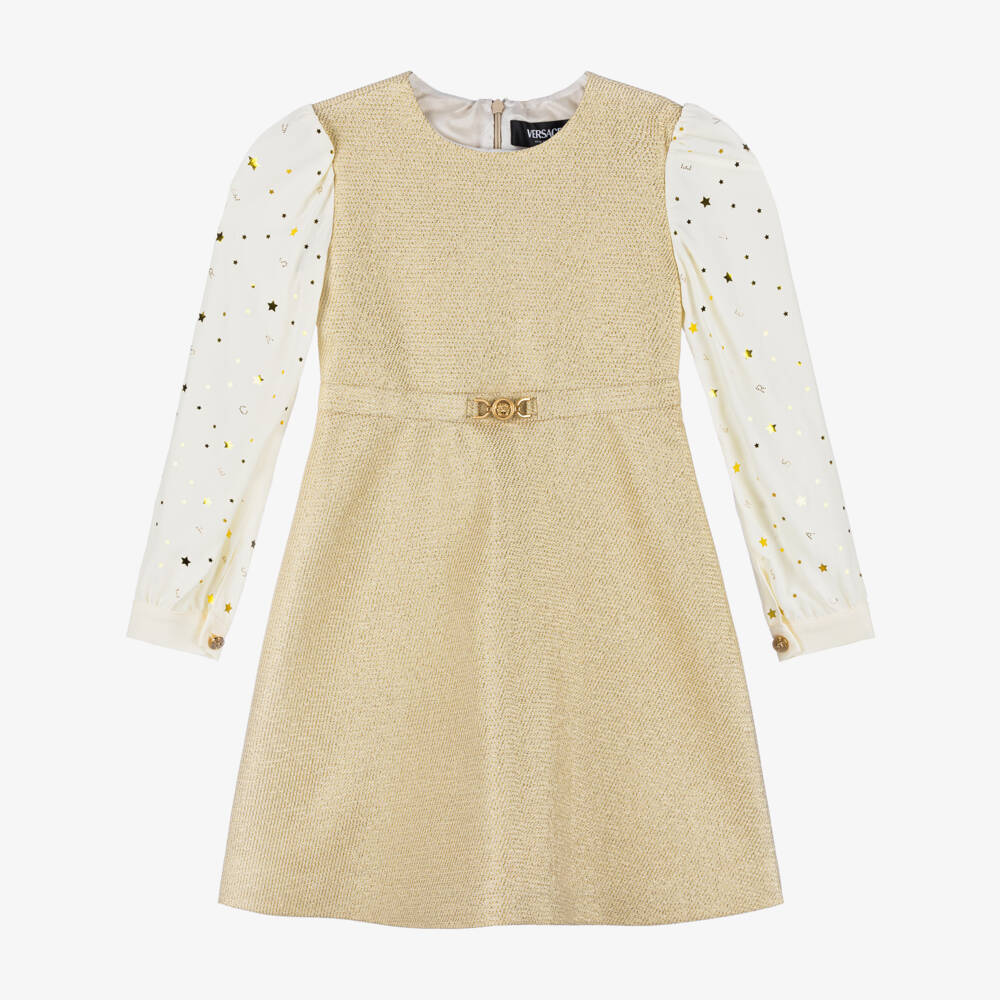 Versace-فستان حريري ذهبي بنقشة النجوم للبنات | Childrensalon Outlet