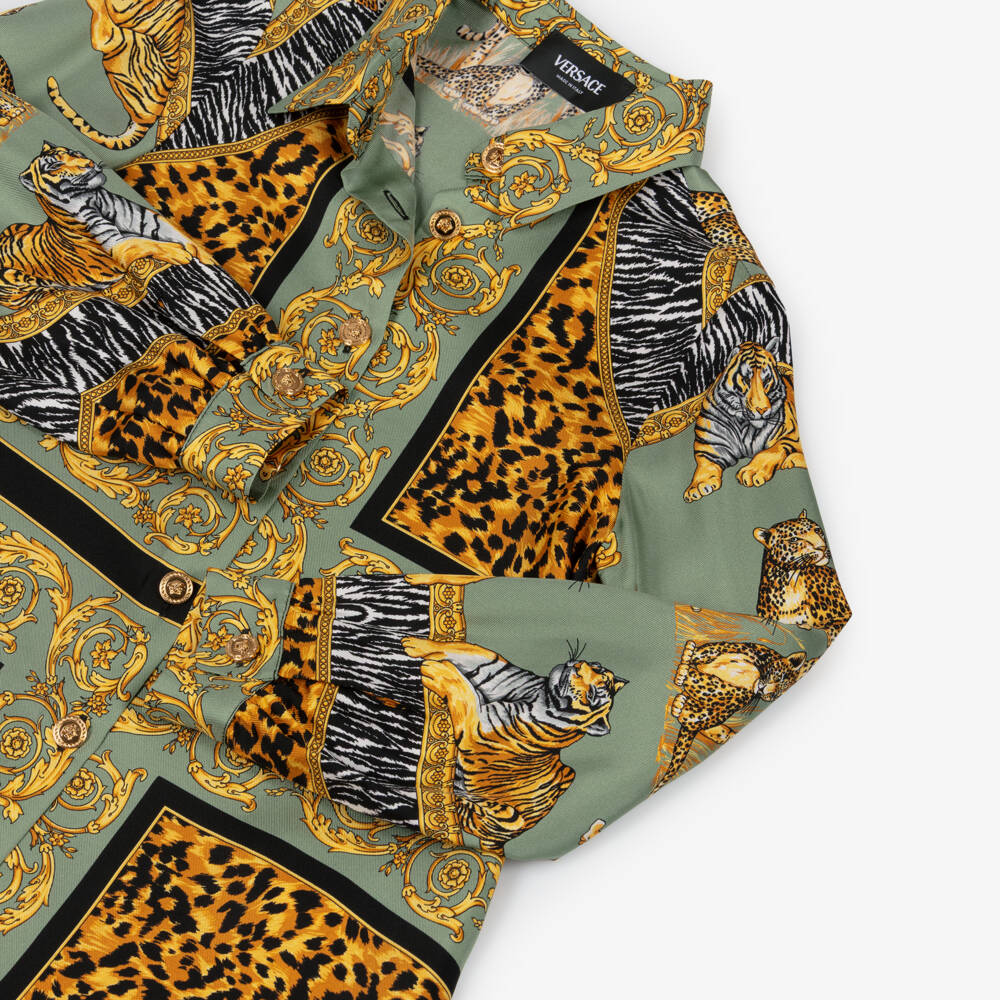 Versace-Girls Green & Gold Wild Cats Silk Dress | Childrensalon Outlet