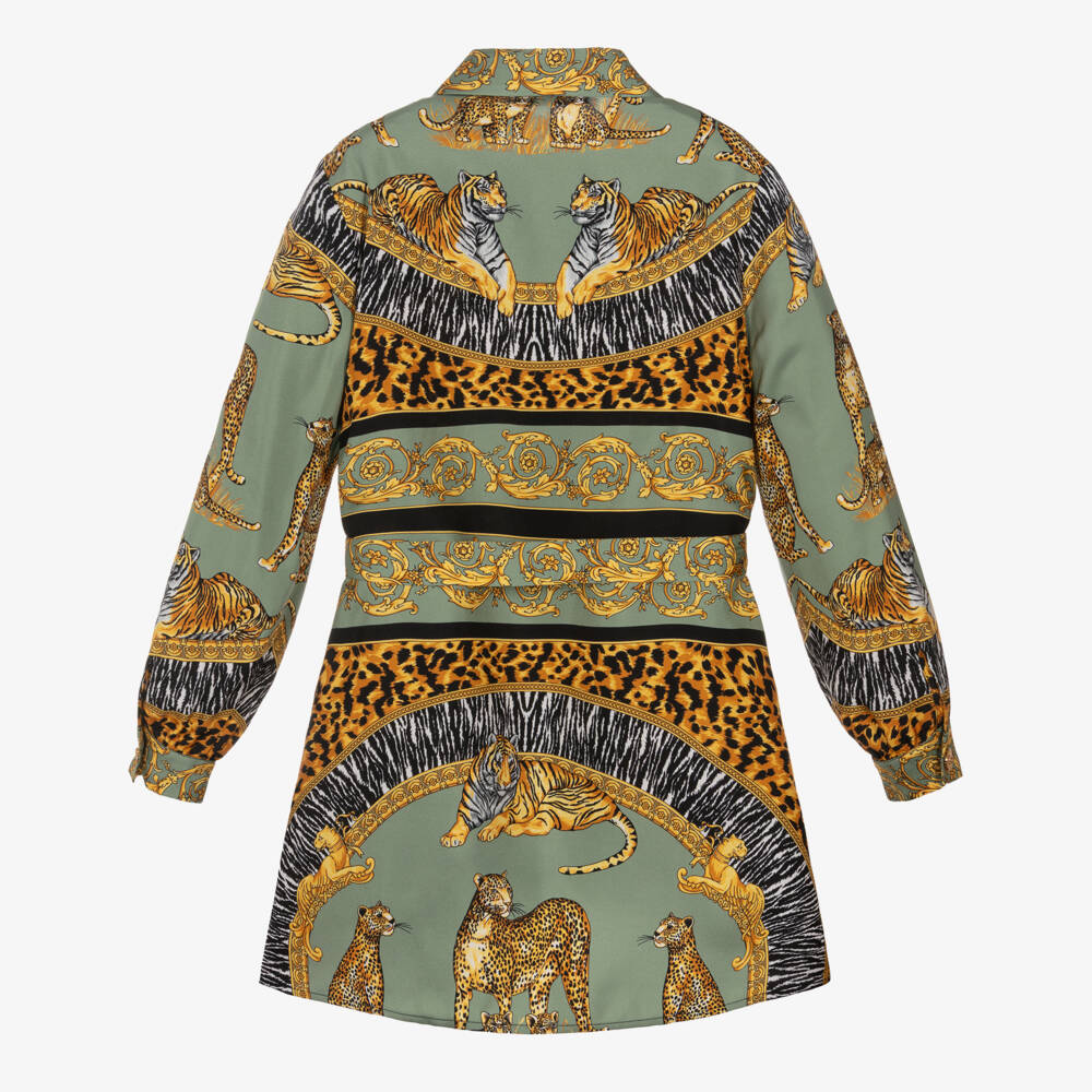 Versace-Girls Green & Gold Wild Cats Silk Dress | Childrensalon Outlet