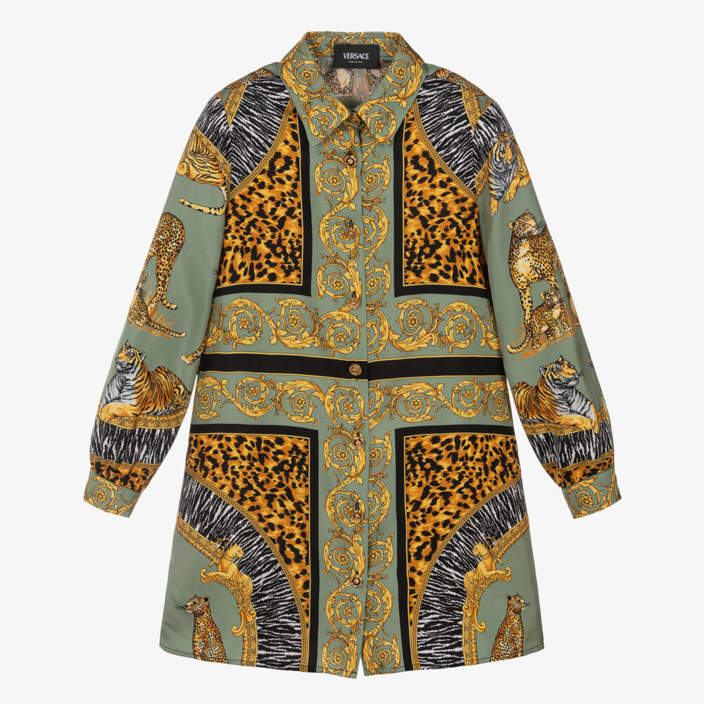 Versace-Girls Green & Gold Wild Cats Silk Dress | Childrensalon Outlet