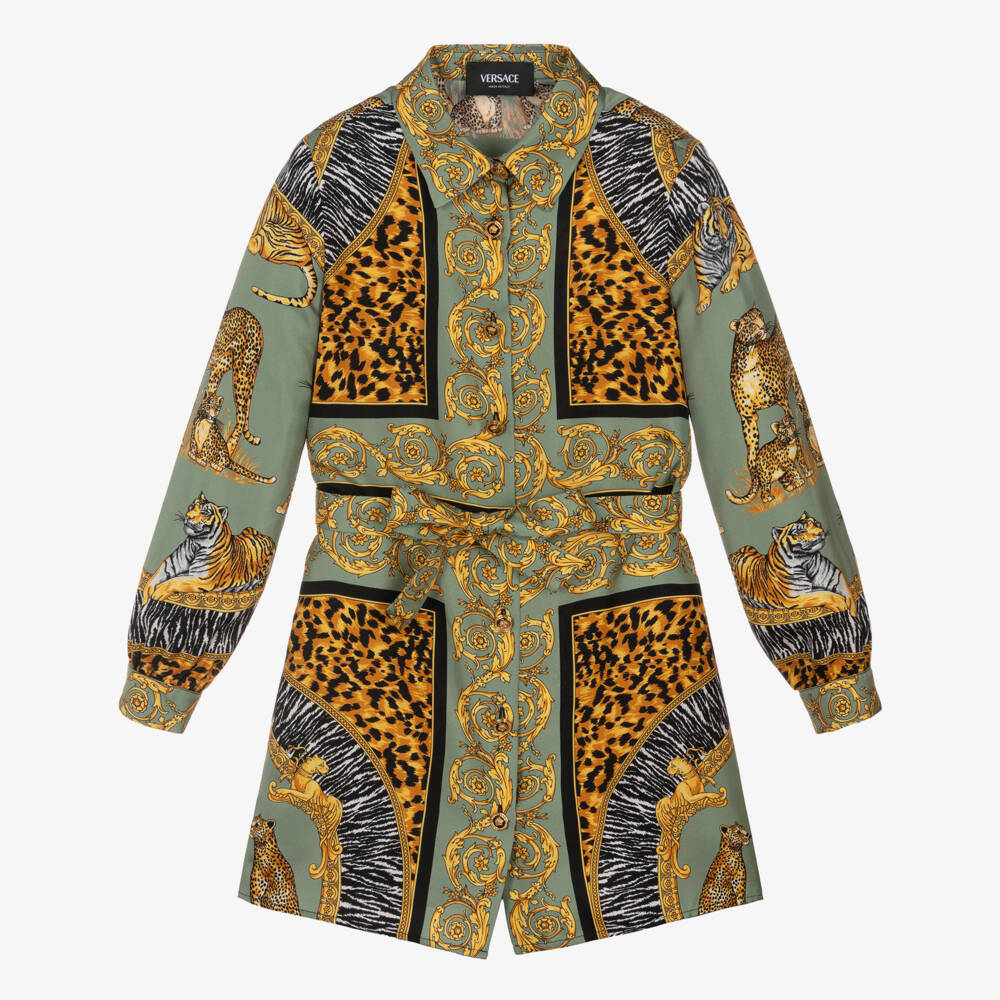 Versace-Girls Green & Gold Wild Cats Silk Dress | Childrensalon Outlet