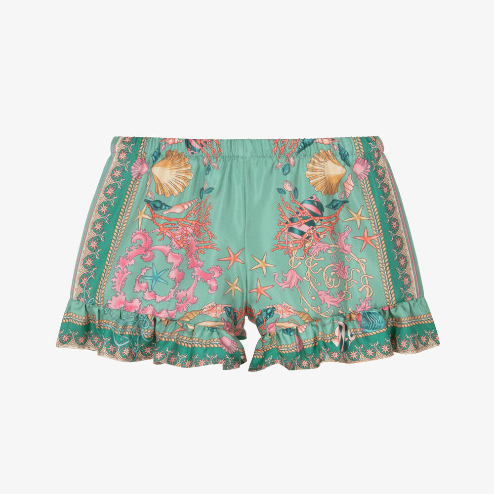 Versace-Girls Green Silk Underwater Barocco Print Shorts | Childrensalon Outlet