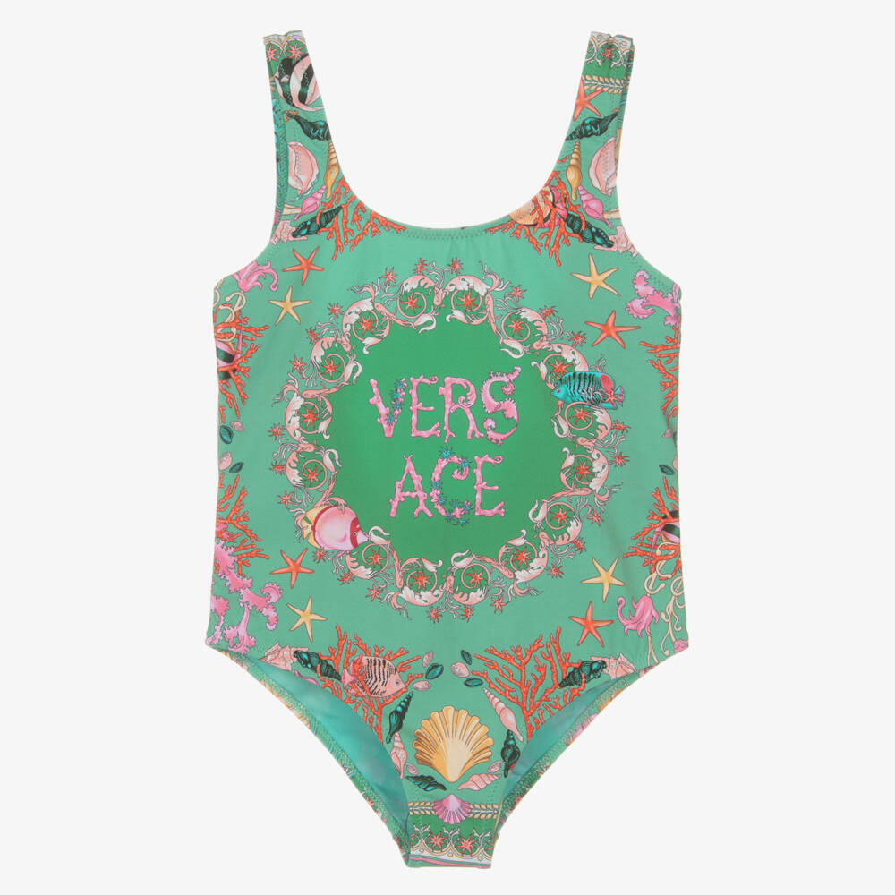 Versace-Girls Green Underwater Barocco Print Swimsuit | Childrensalon Outlet