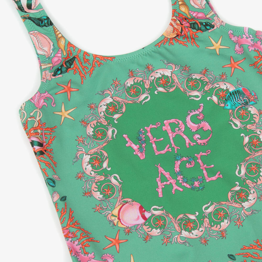 Versace-Girls Green Underwater Barocco Print Swimsuit | Childrensalon Outlet