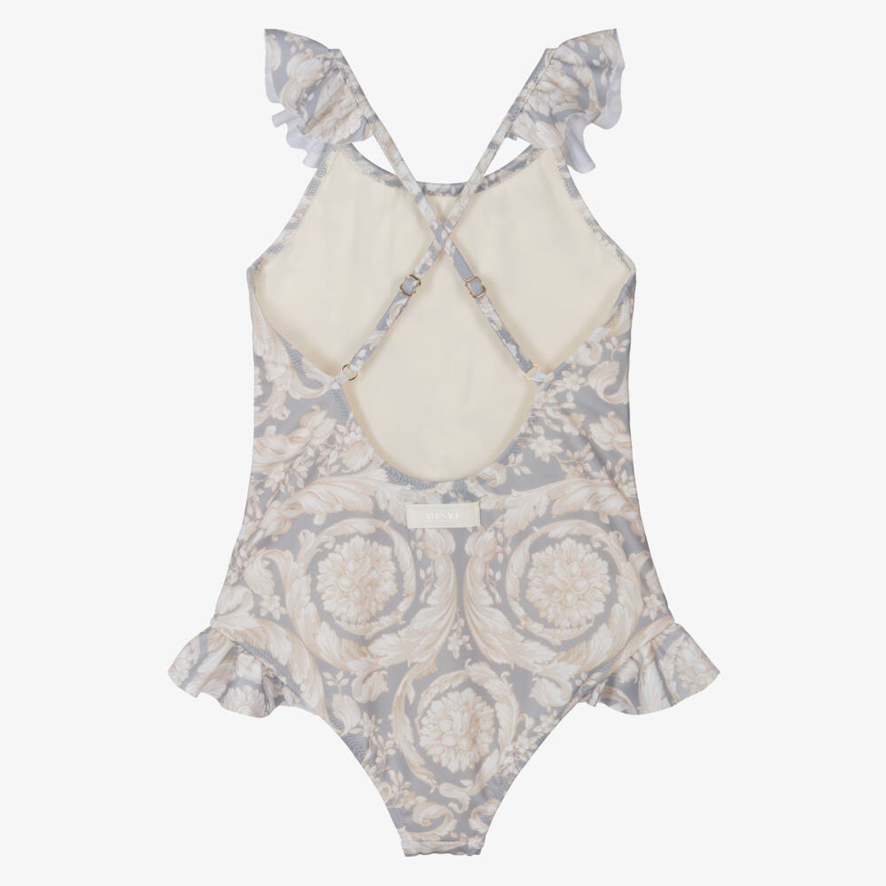 Versace-Girls Grey & Ivory Barocco Swimsuit | Childrensalon Outlet