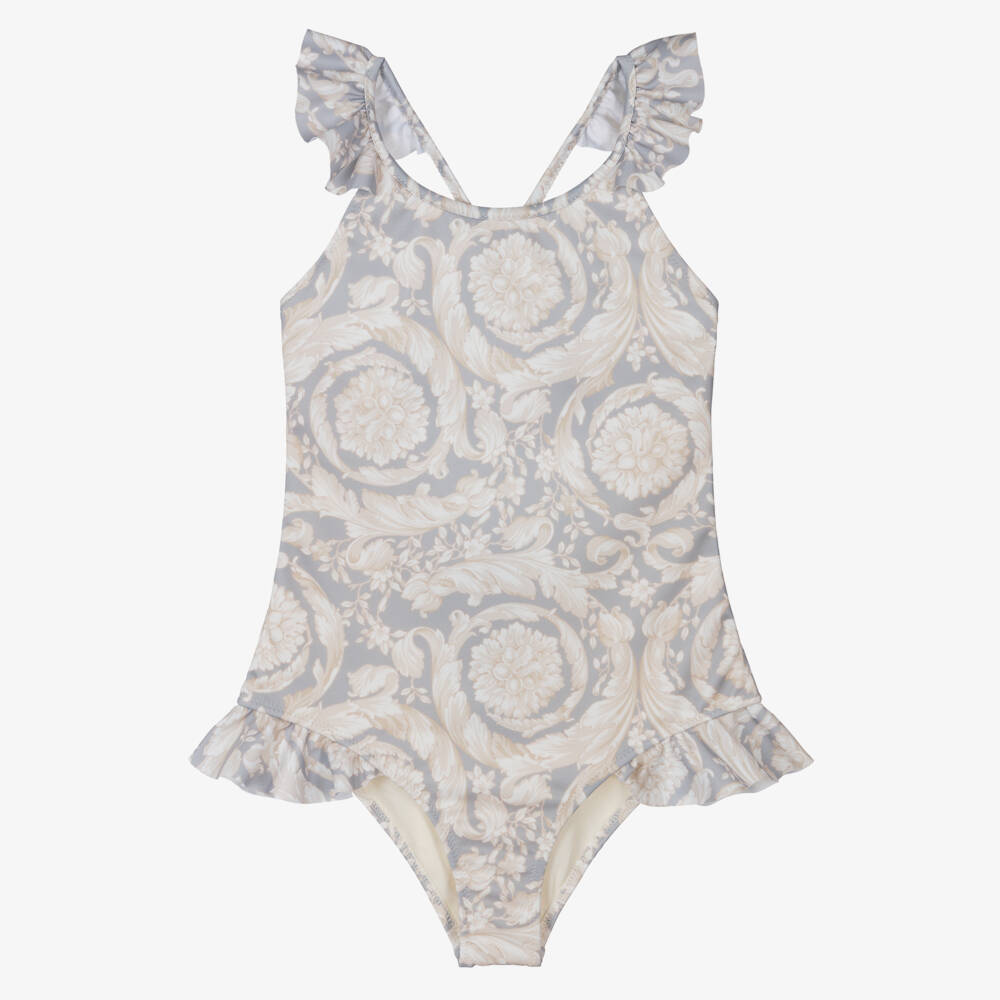 Versace-Girls Grey & Ivory Barocco Swimsuit | Childrensalon Outlet