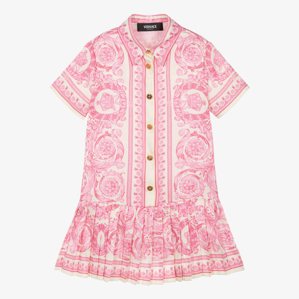 Versace-Girls Ivory & Bright Pink Barocco Pleated Dress | Childrensalon Outlet