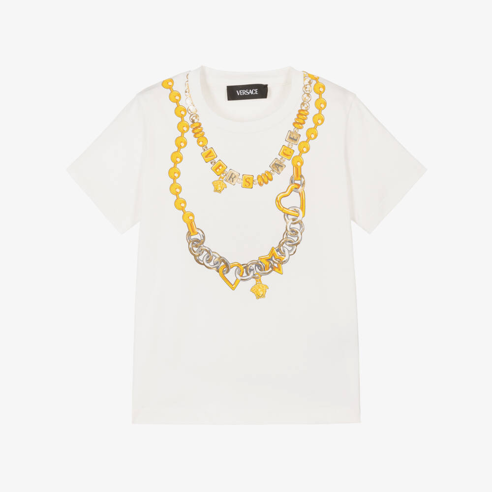Versace-Girls Ivory Chain Embellished Tee | Childrensalon Outlet
