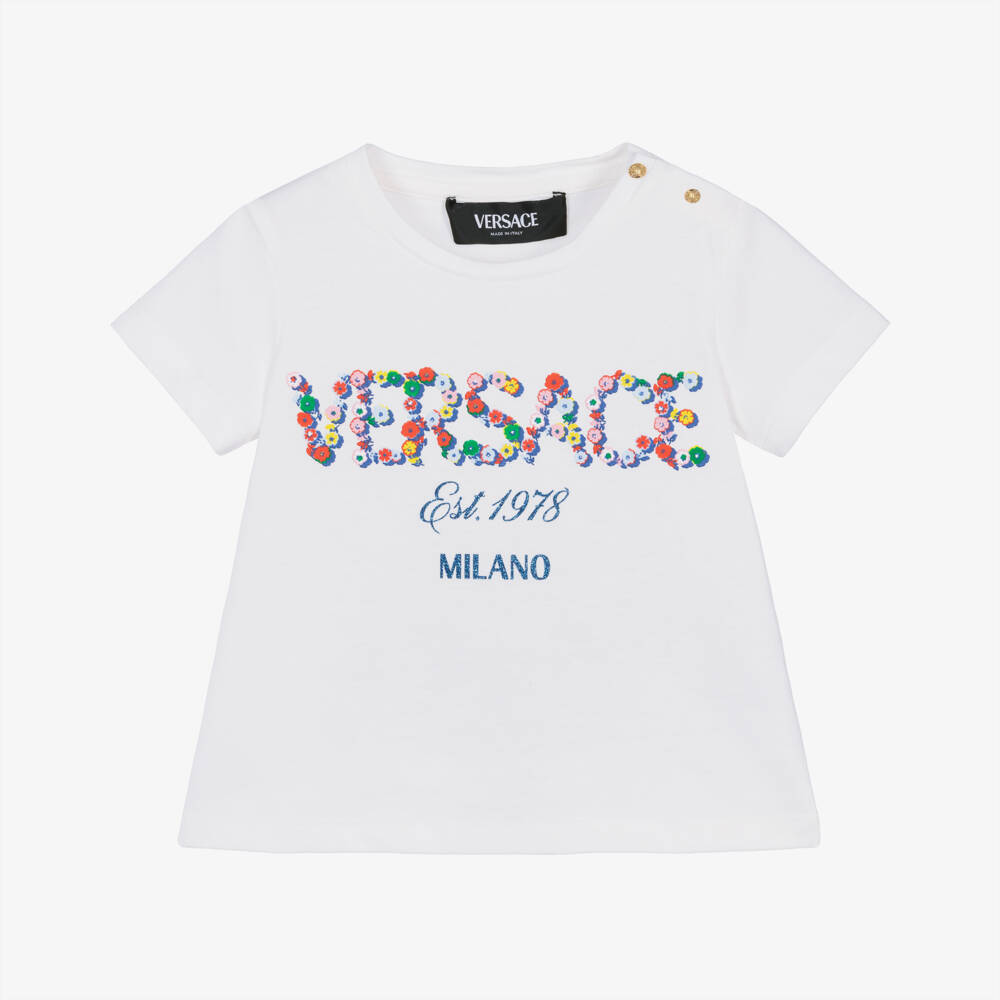 Versace-Girls Ivory Cotton Floral Tee | Childrensalon Outlet