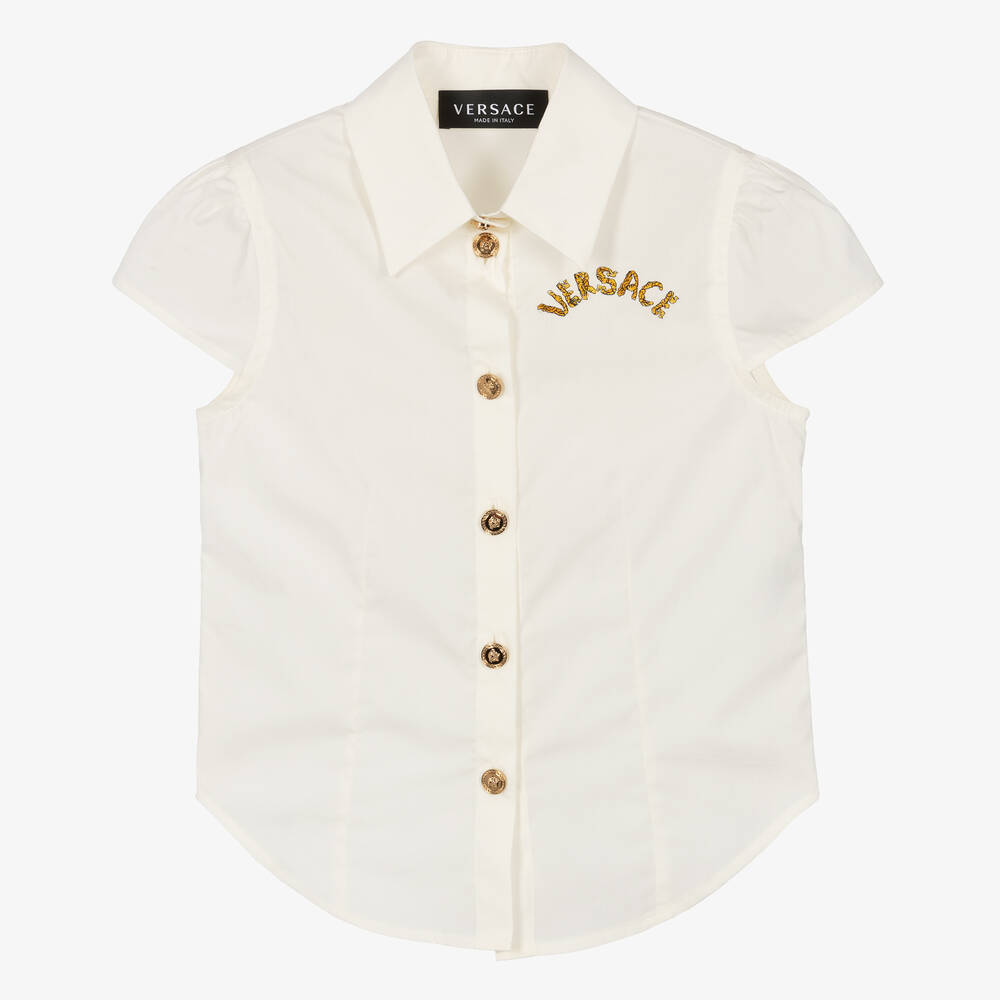 Versace - Кремовая рубашка из хлопкового поплина для девочек | Childrensalon