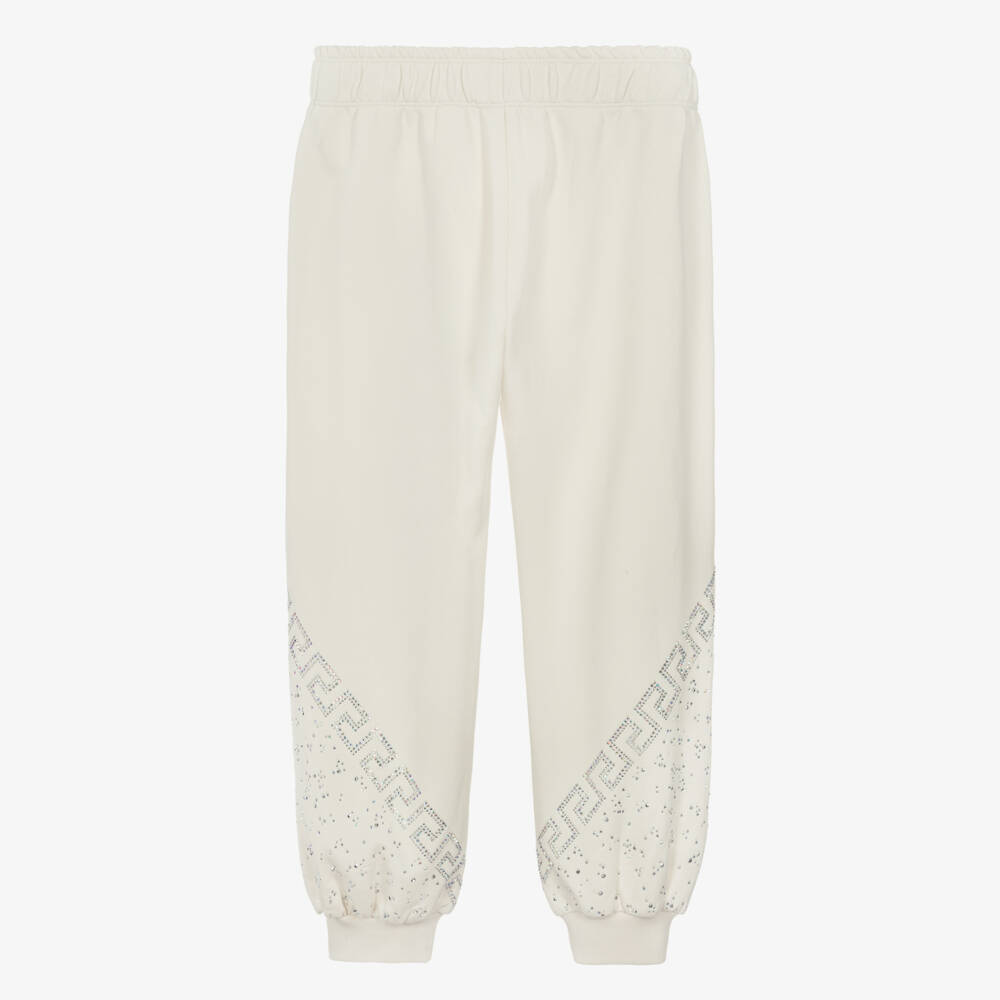 Versace-Girls Ivory & Diamanté Greca Cotton Joggers | Childrensalon Outlet