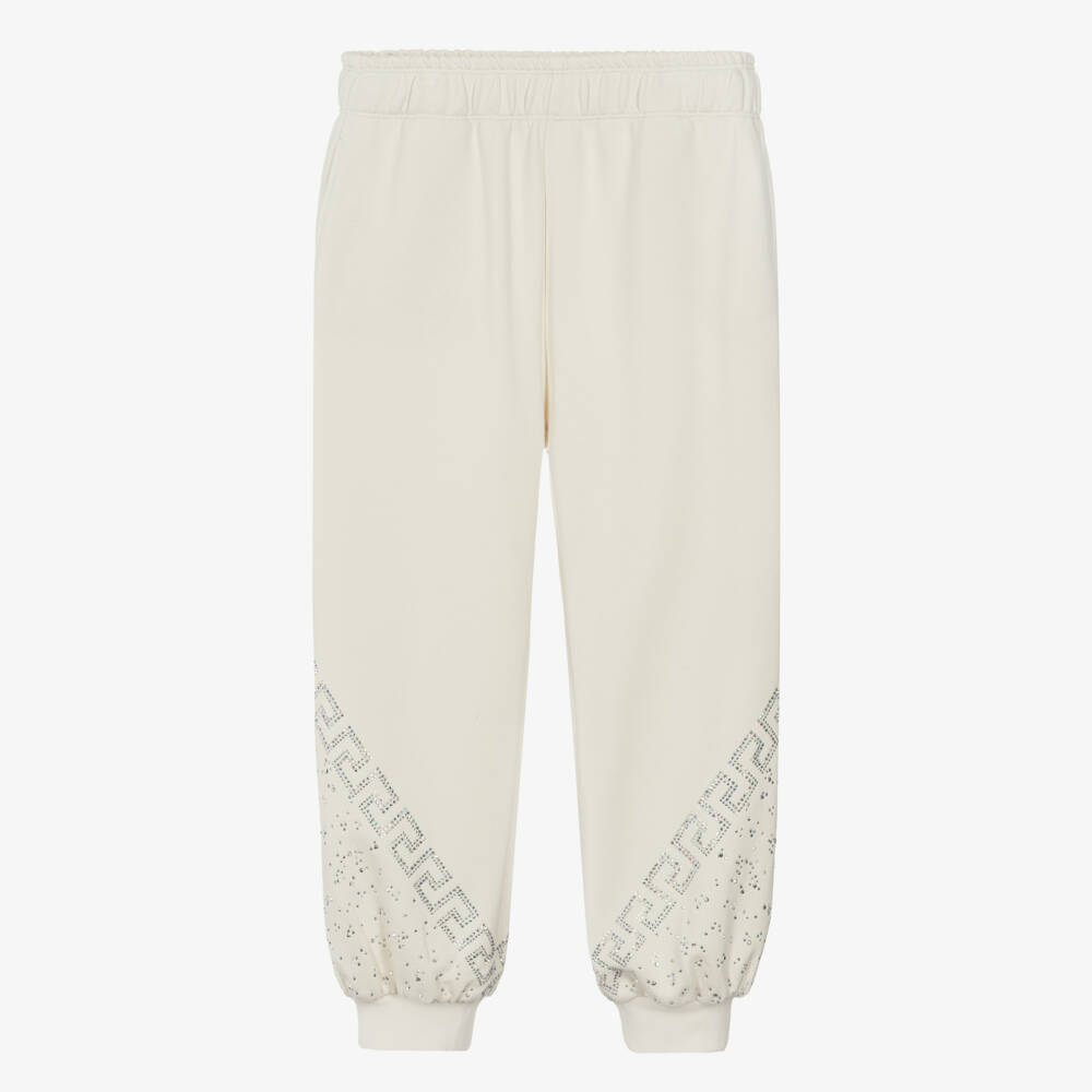 Versace-Girls Ivory & Diamanté Greca Cotton Joggers | Childrensalon Outlet