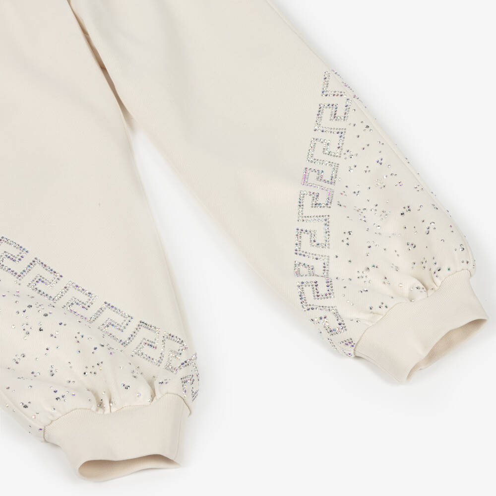 Versace-Girls Ivory & Diamanté Greca Cotton Joggers | Childrensalon Outlet