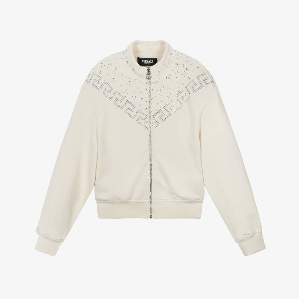 Versace-Girls Ivory & Diamanté Greca Cotton Zip-Up Top | Childrensalon Outlet