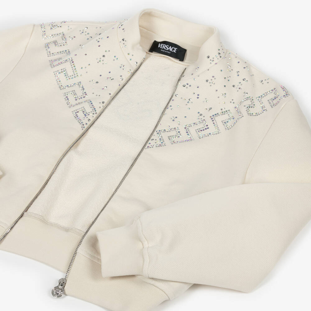 Versace-Girls Ivory & Diamanté Greca Cotton Zip-Up Top | Childrensalon Outlet