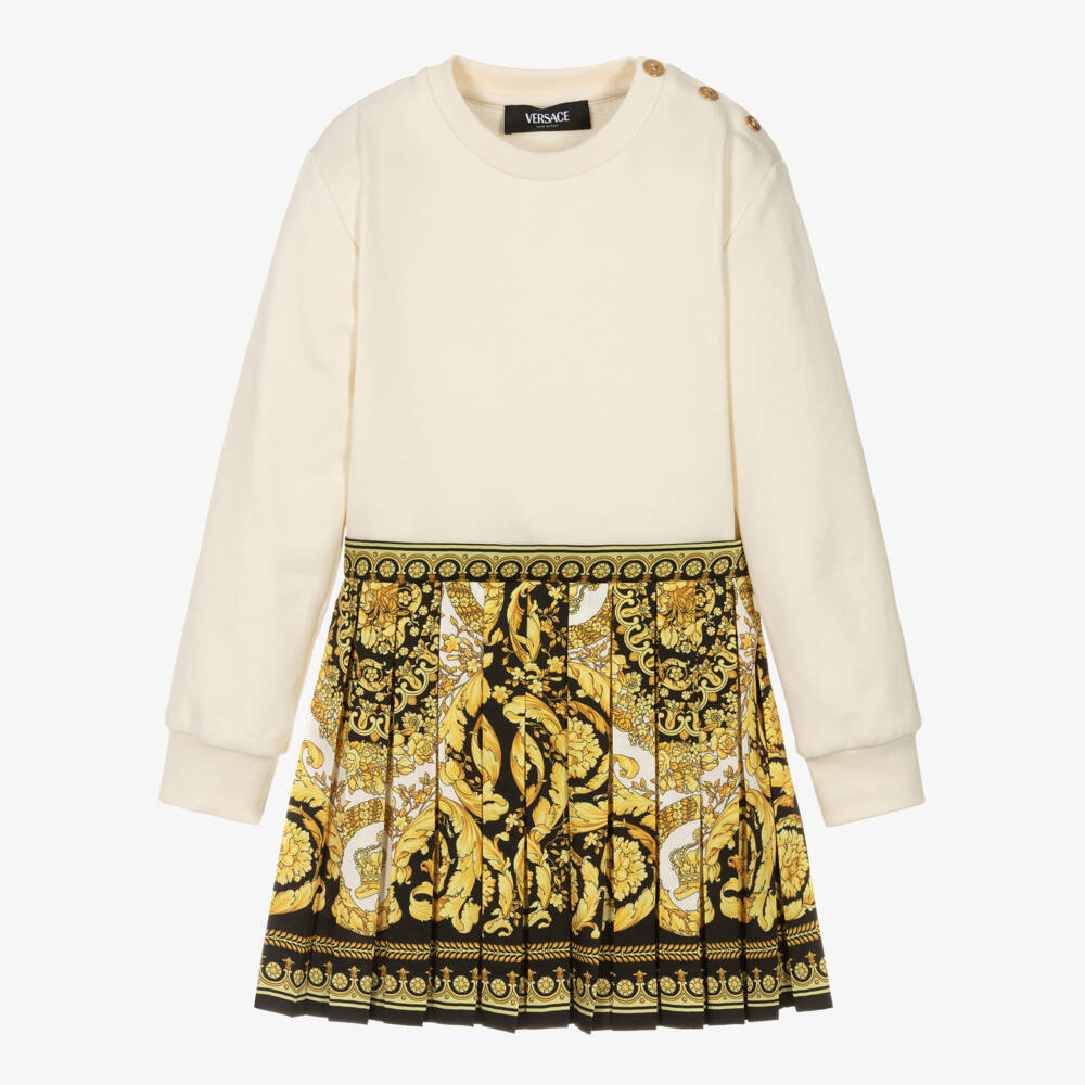Versace-Girls Ivory Gold & Black Barocco Foulard Satin Dress | Childrensalon Outlet