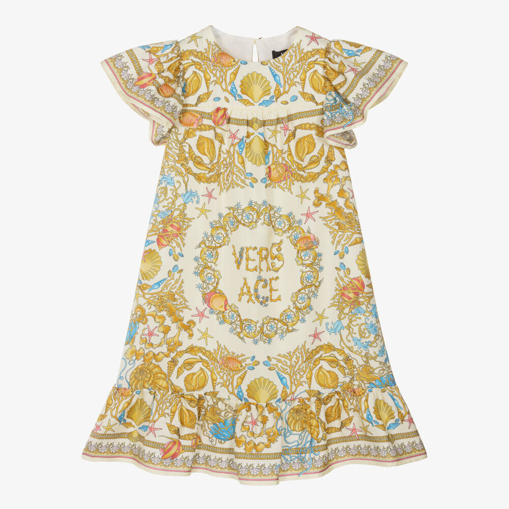 Versace-فستان باروك حريري عاجي ذهبي للبنات | Childrensalon Outlet