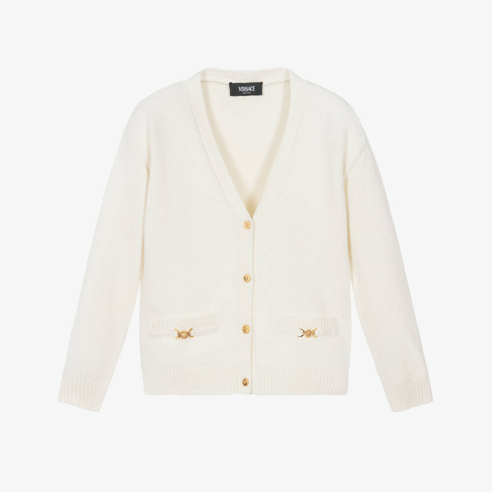 Versace-Girls Ivory Knit Cardigan with Gold Medusa 95 Hardware | Childrensalon Outlet