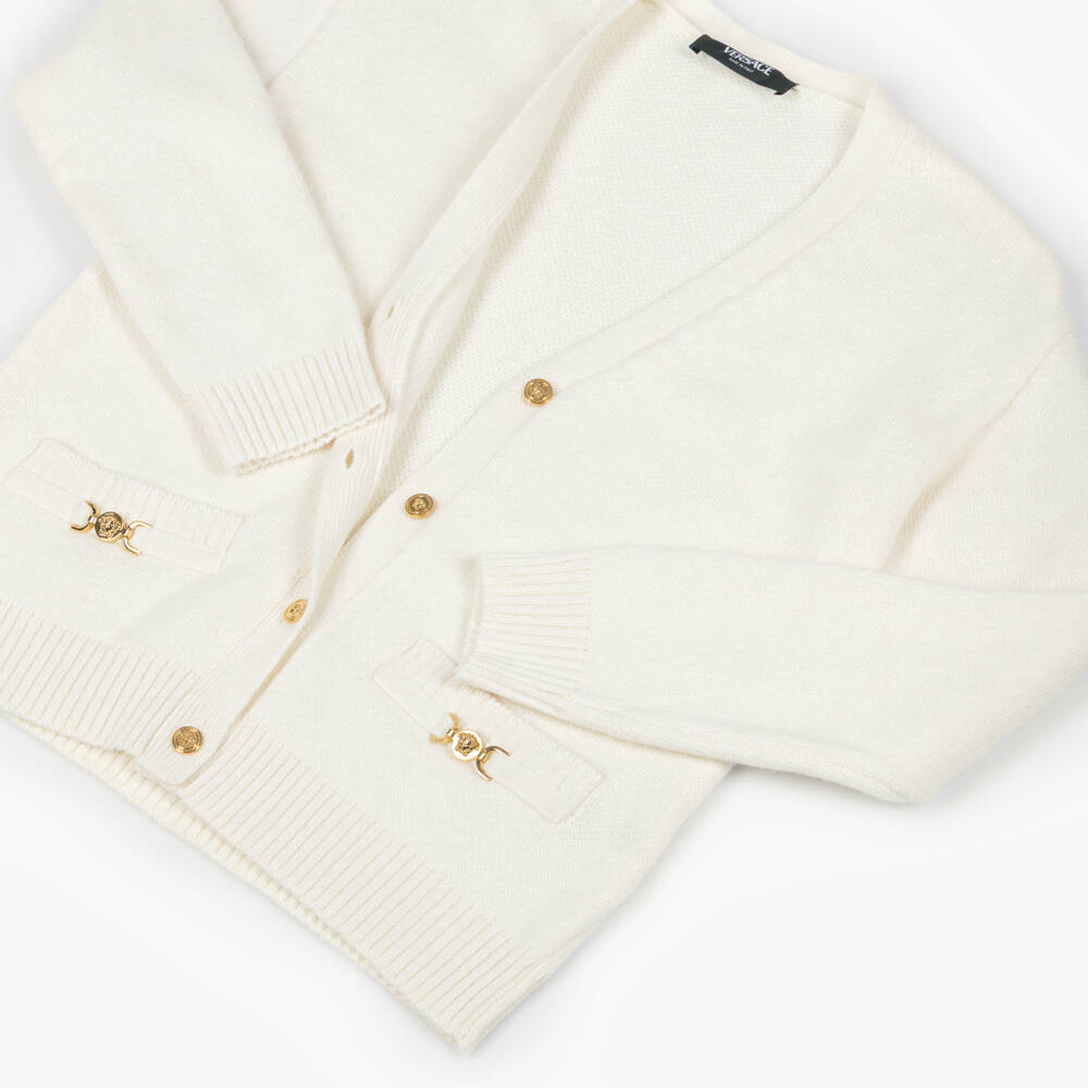 Versace-Girls Ivory Knit Cardigan with Gold Medusa 95 Hardware | Childrensalon Outlet