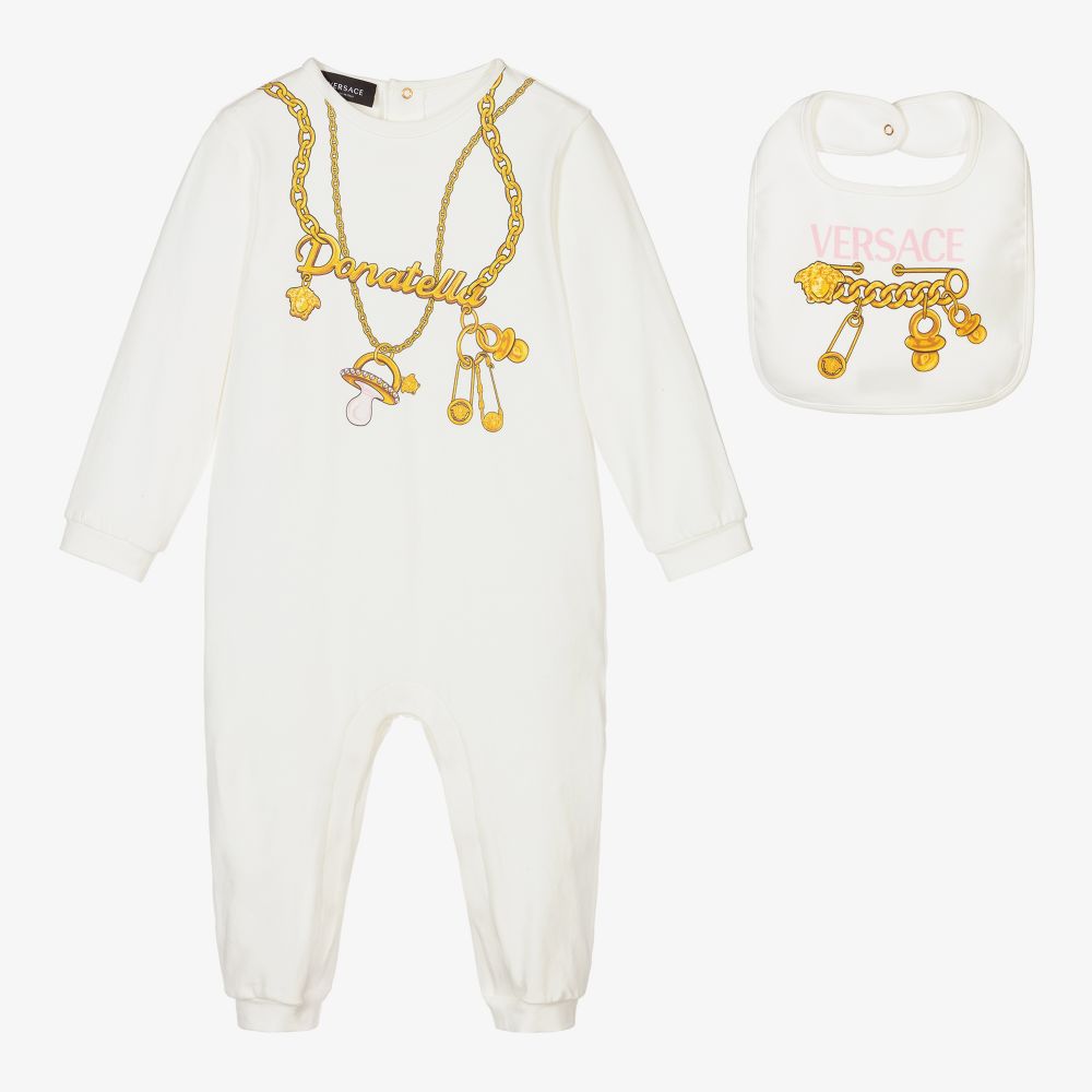 Versace - Girls Ivory Logo Babysuit Set | Childrensalon