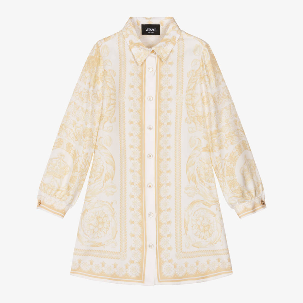 Versace-Кремовое и золотое шелковое платье с длинными рукавами Barocco | Childrensalon Outlet