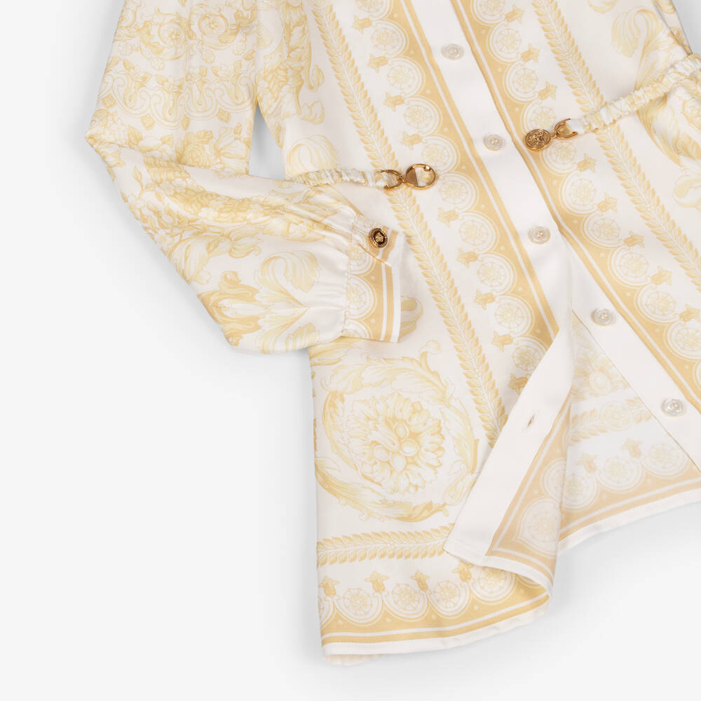 Versace-Кремовое и золотое шелковое платье с длинными рукавами Barocco | Childrensalon Outlet