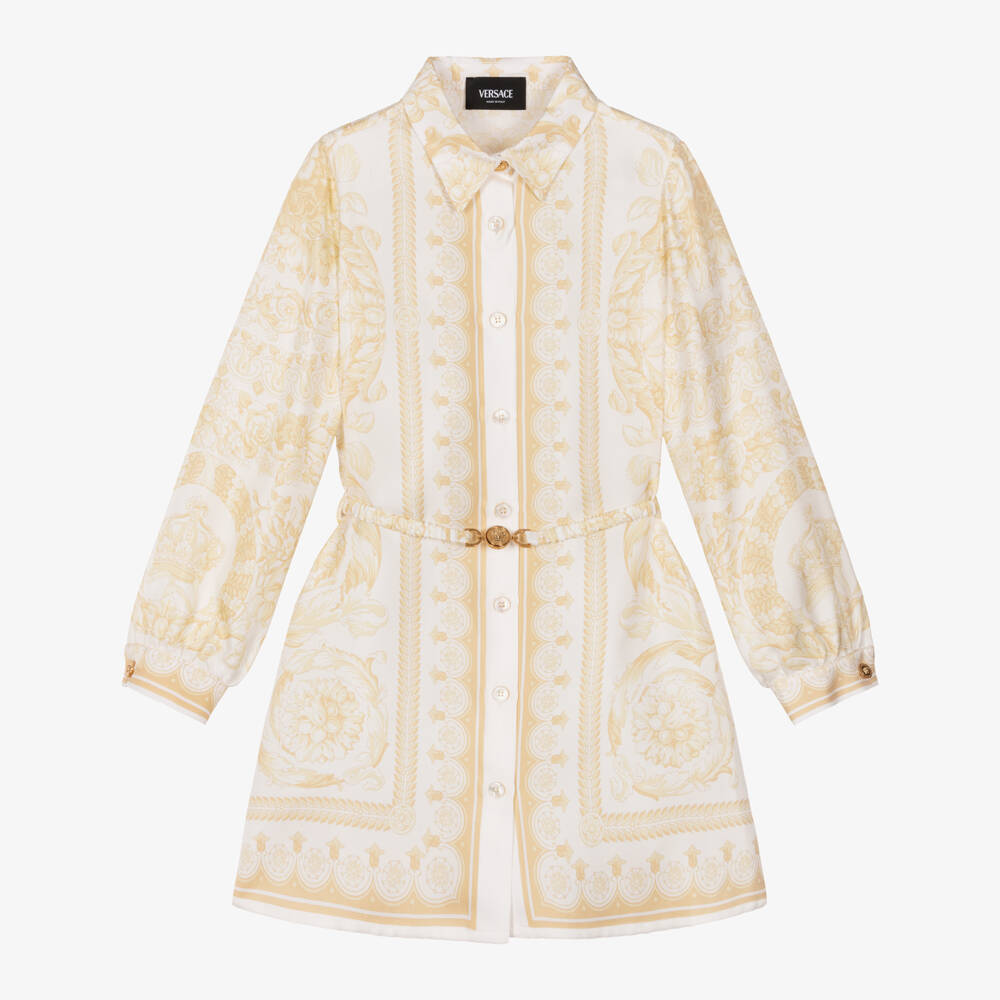 Versace-Кремовое и золотое шелковое платье с длинными рукавами Barocco | Childrensalon Outlet