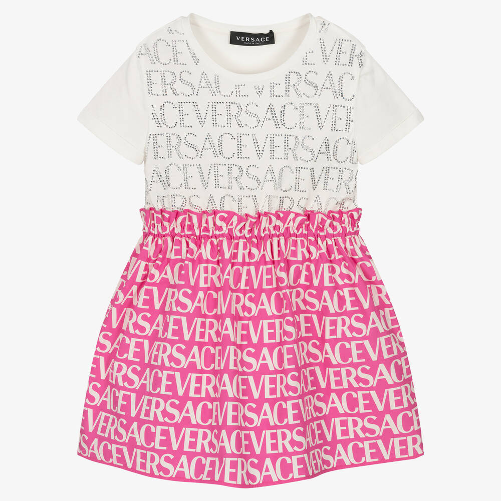 Versace - Robe ivoire et rose en coton fille  | Childrensalon