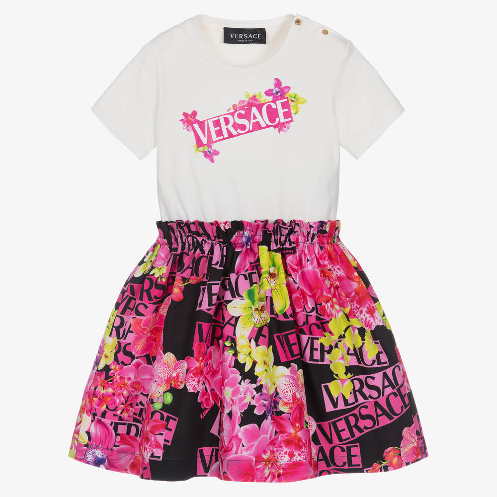 Versace - Girls Ivory & Pink Logo Dress | Childrensalon
