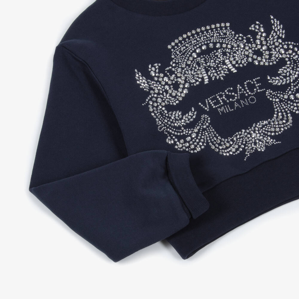 Versace-Girls Navy Blue Cotton Diamanté Crest Logo Sweatshirt | Childrensalon Outlet