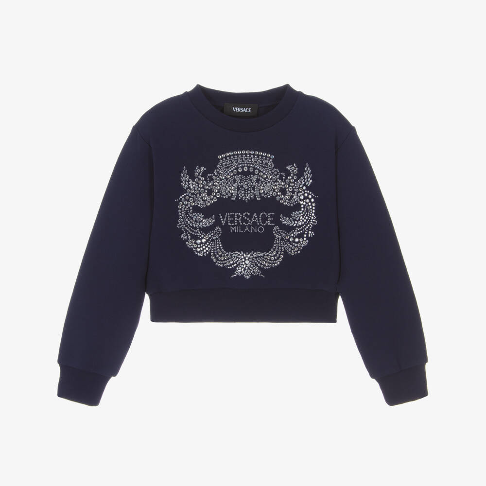 Versace-Girls Navy Blue Cotton Diamanté Crest Logo Sweatshirt | Childrensalon Outlet